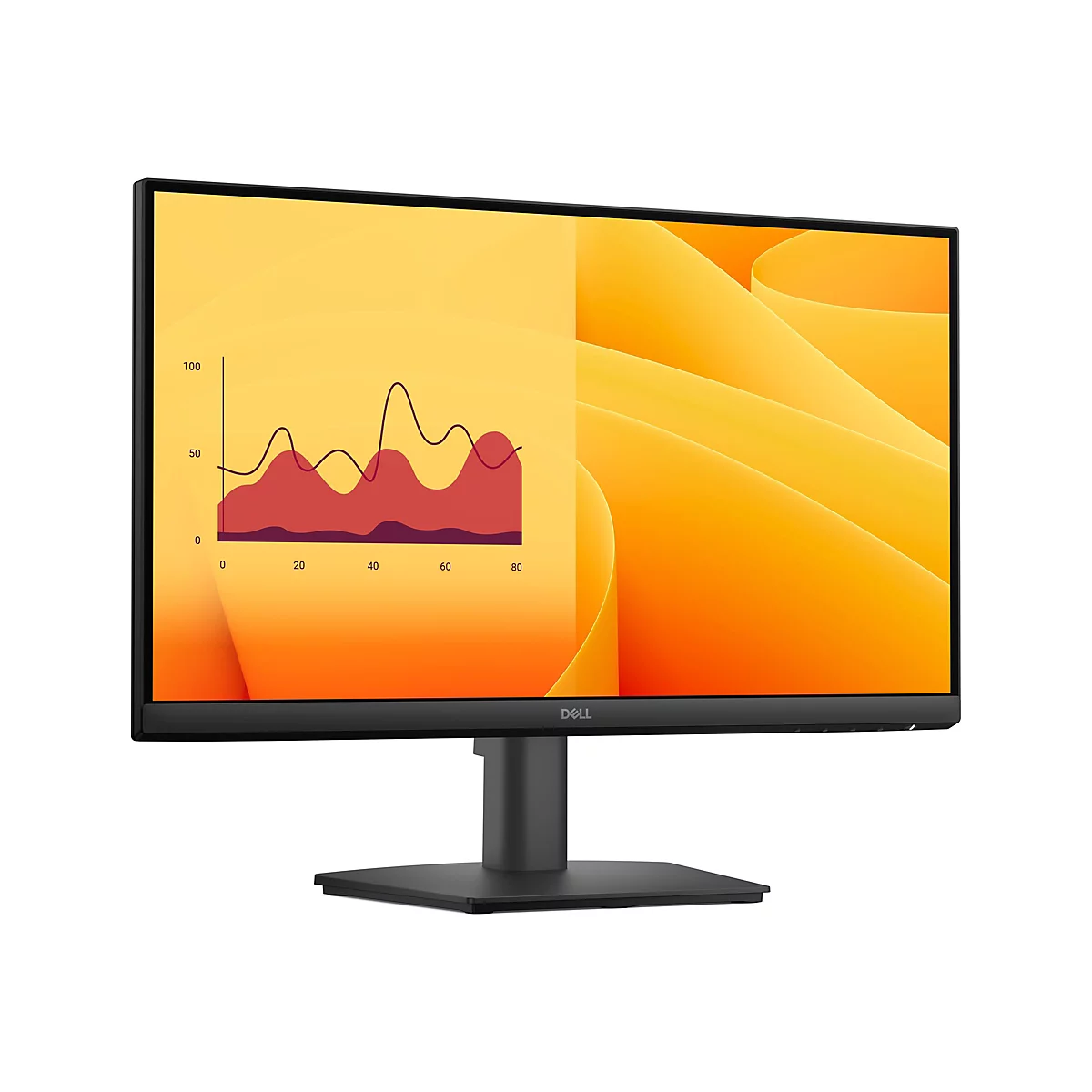 Ein schwarzer Dell-Monitor. Der Bildschirm zeigt ein Diagramm und einen orangefarbenen Hintergrund mit wellenförmigen Mustern.