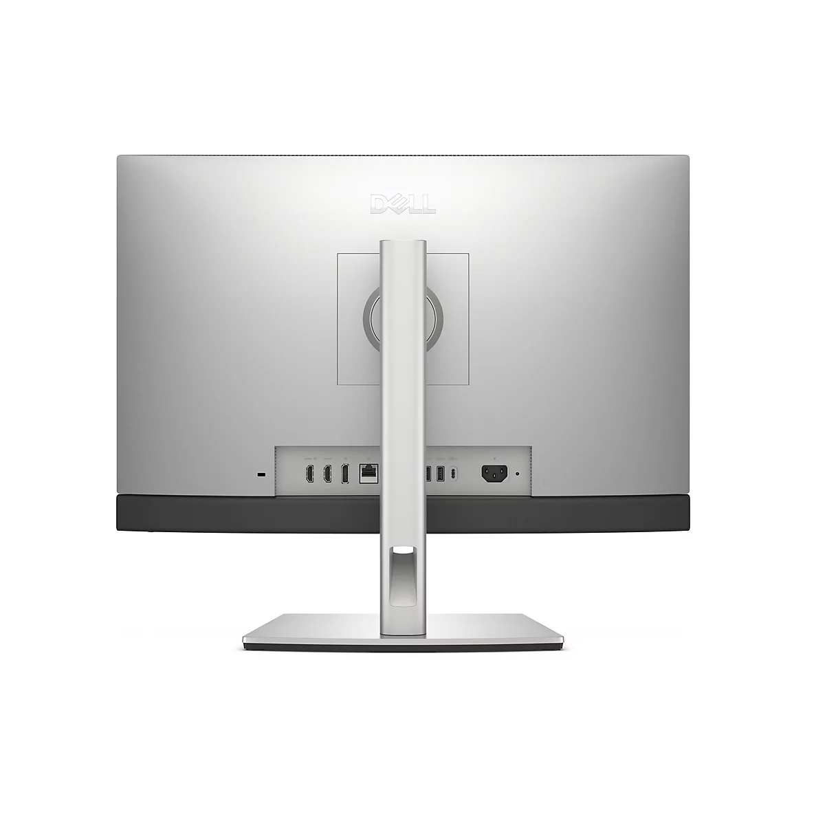 Rückansicht eines silbernen Dell All-in-One-Computers mit Anschlüssen, Dell-Logo oben mittig.