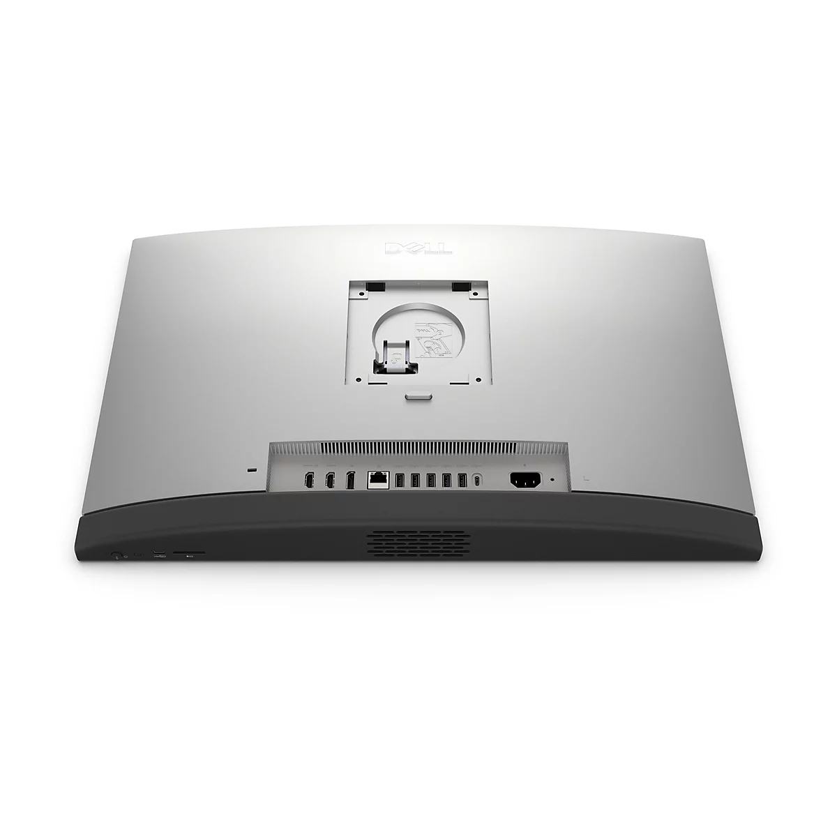 Rückseite eines silbernen Dell-All-in-One-Computers mit Anschlüssen, schwarzem Sockel und Dell-Logo.