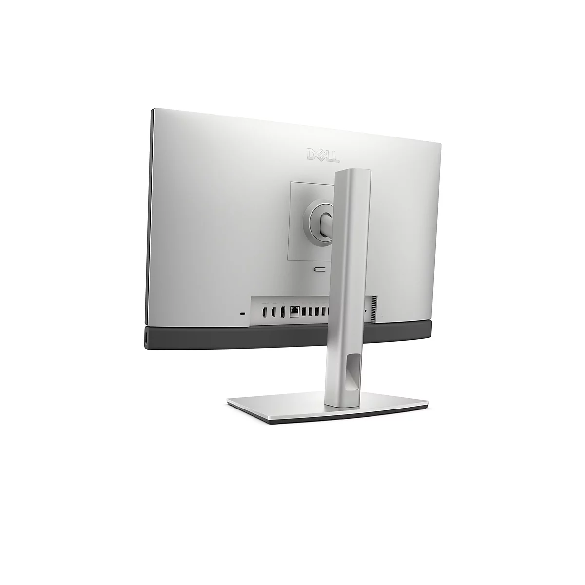 Rückseite eines silbernen Dell-Monitors. Der Monitor steht auf einem silbernen Fuß. Anschlüsse unten. Dell-Logo oben.