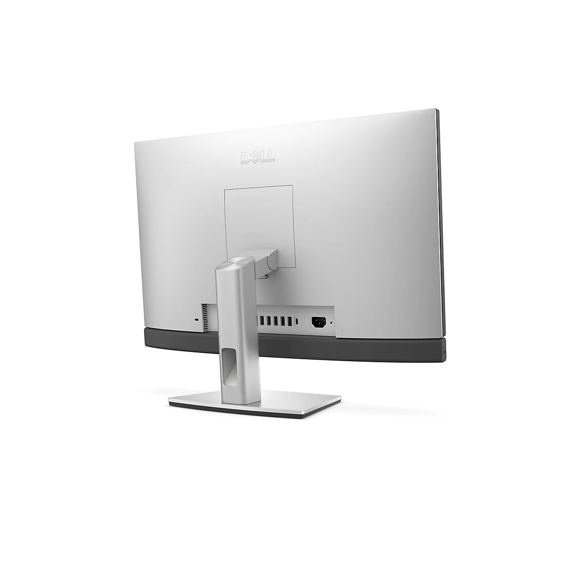 Rückseite eines Dell Monitors, silberfarben, mit Anschlüssen und Standfuß. Dell-Logo oben.