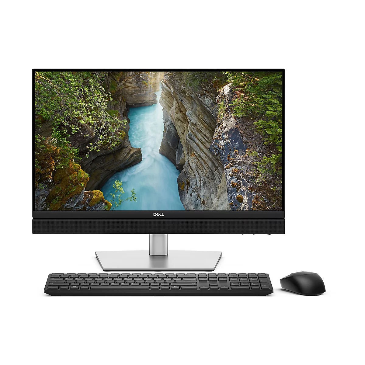 Ein Dell All-in-One-Desktop-Computer mit einem Bildschirm, auf dem eine Landschaft mit einem Fluss zu sehen ist, zusammen mit Tastatur und Maus.