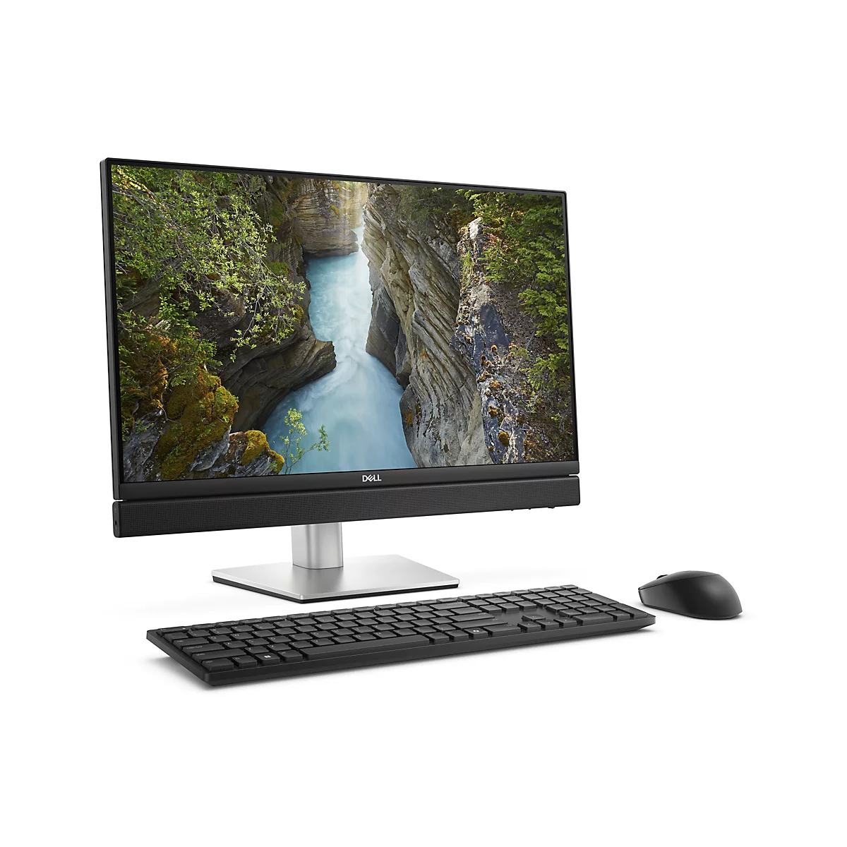 Un ordinateur tout-en-un Dell avec écran, clavier et souris. L'écran affiche un paysage avec une cascade.