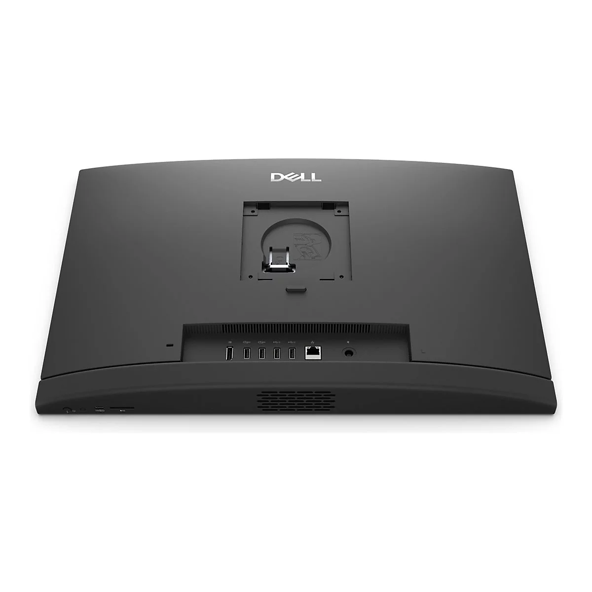 Arrière d'un ordinateur tout-en-un Dell noir avec ports, ventilations et le logo Dell.