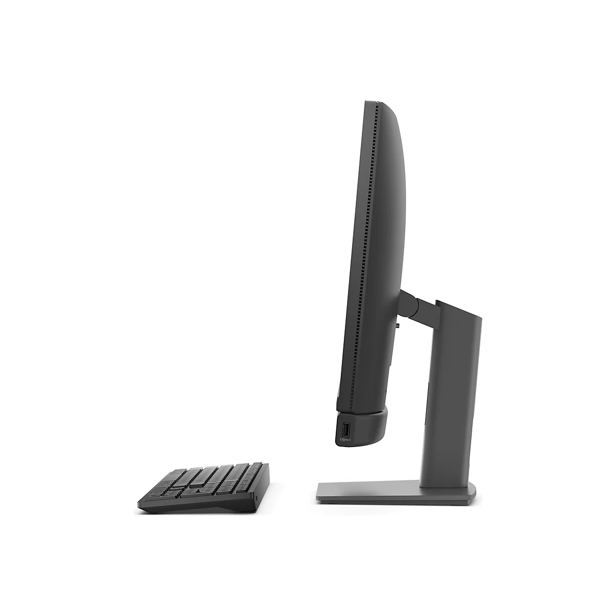 Un moniteur gris avec un clavier assorti, vu de côté. Au dos du moniteur se trouvent des fentes d'aération et un port USB.