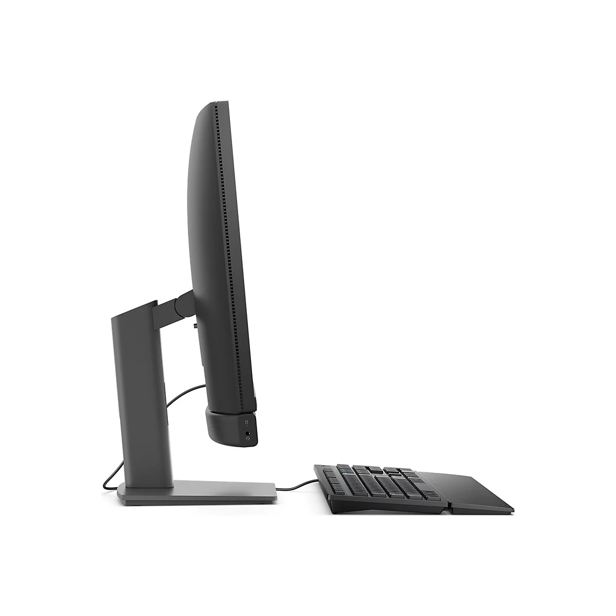 Schwarzer Monitor im Profil, mit ergonomischer Tastatur. Der Monitor hat einen rechteckigen Bildschirm und einen Standfuß.