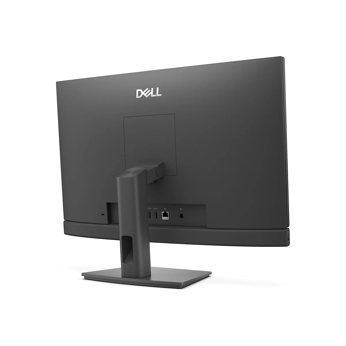 Rückansicht eines grauen Dell All-in-One-Computers auf weißem Hintergrund. Das Dell-Logo ist oben zentriert. Anschlüsse und Ständer sind sichtbar.