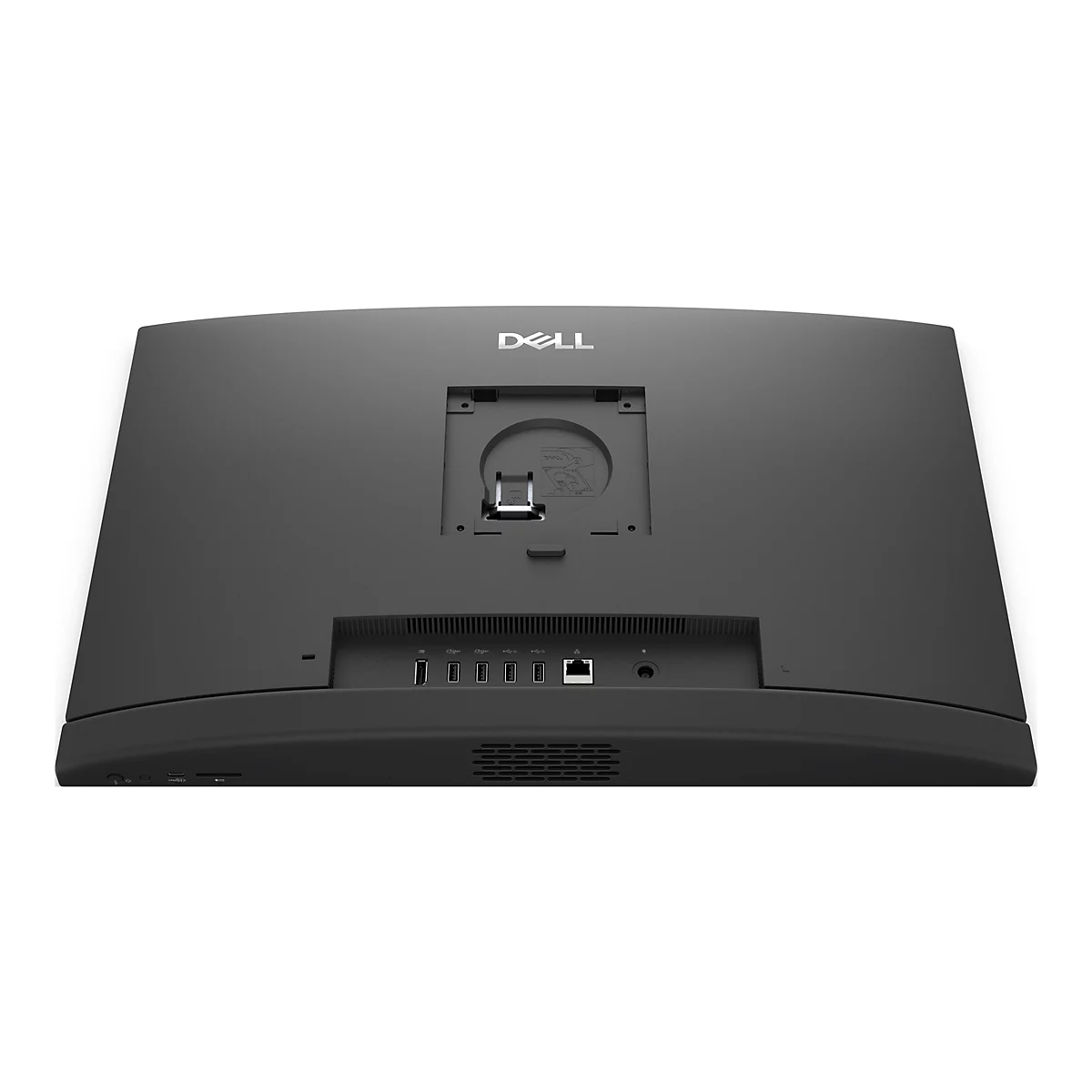 Rückseite eines schwarzen Dell-All-in-One-Computers. Der Schriftzug „DELL“ ist oben mittig angebracht. Mehrere Ports unten.