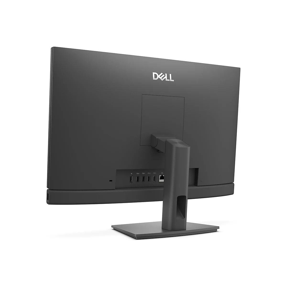 Rückansicht eines grauen Dell All-in-One-Computers mit Anschlüssen, Ständer und Logo.