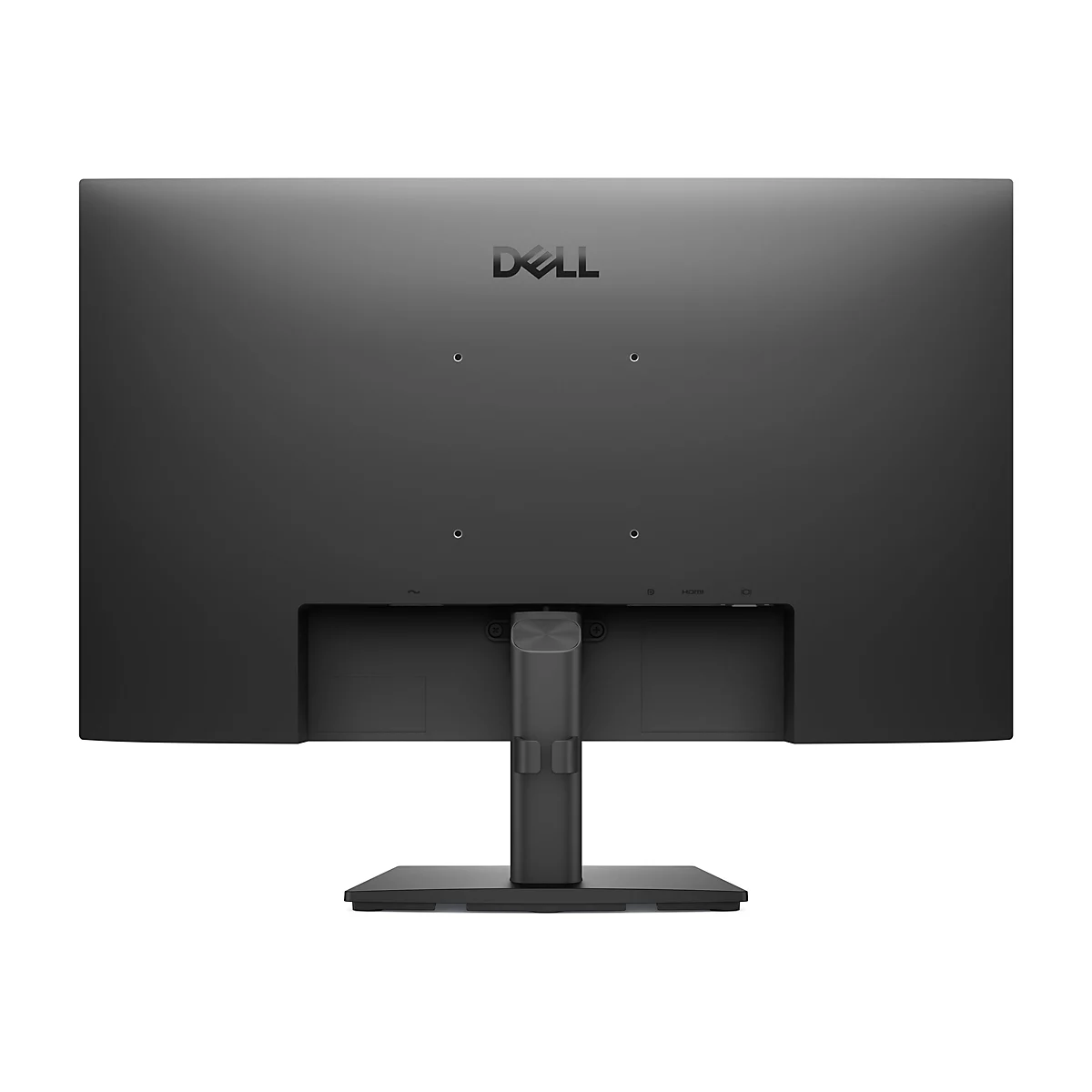 Arrière d'un moniteur Dell noir avec pied. Connexions en bas, logo Dell au centre.