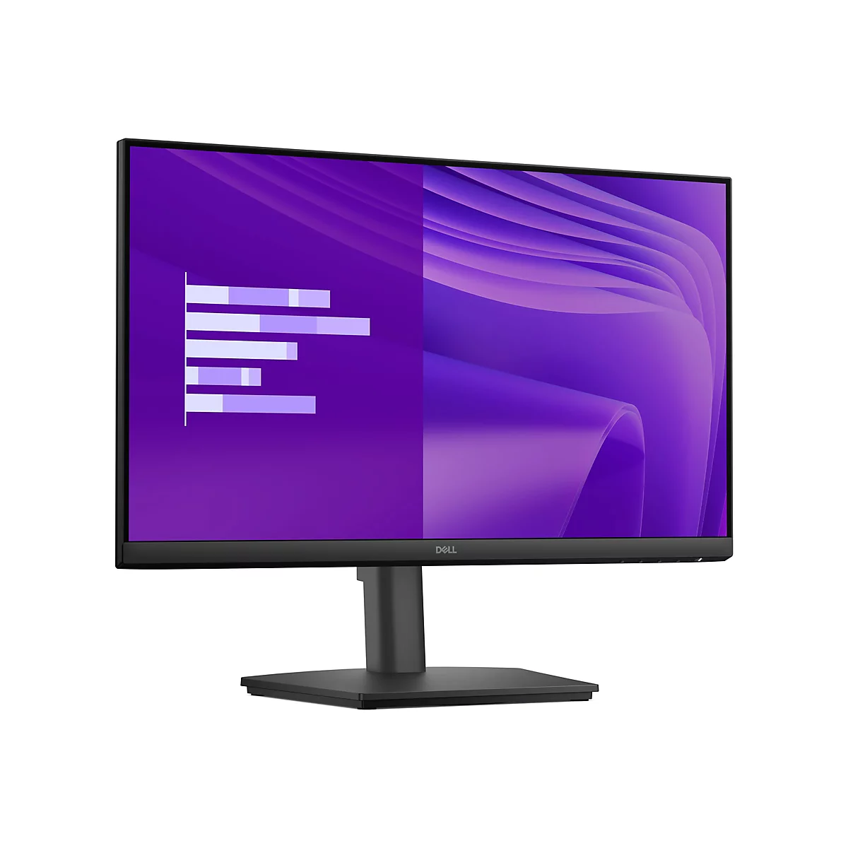 Monitor mit grafischer Darstellung auf dem Bildschirm. Schwarzer Rahmen, grauer Ständer, weißer Hintergrund.