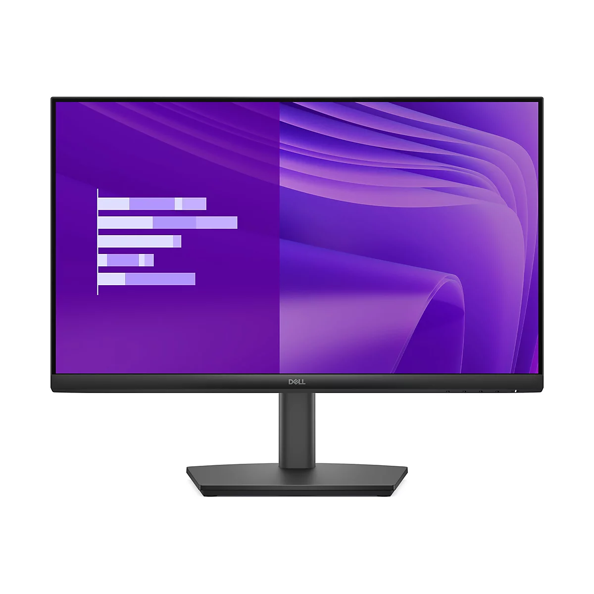 Ein Dell-Monitor vor weißem Hintergrund. Der Bildschirm zeigt ein violettes abstraktes Design, links Balkendiagramme.