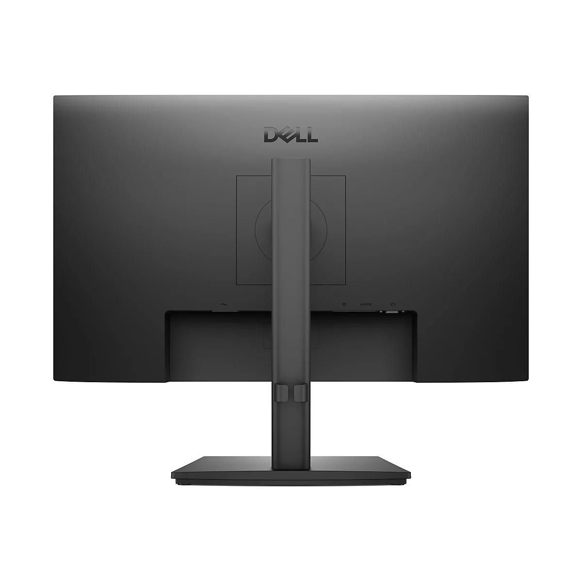 Arrière d'un écran Dell noir sur fond blanc. L'écran a un pied central, des ports et le logo Dell.