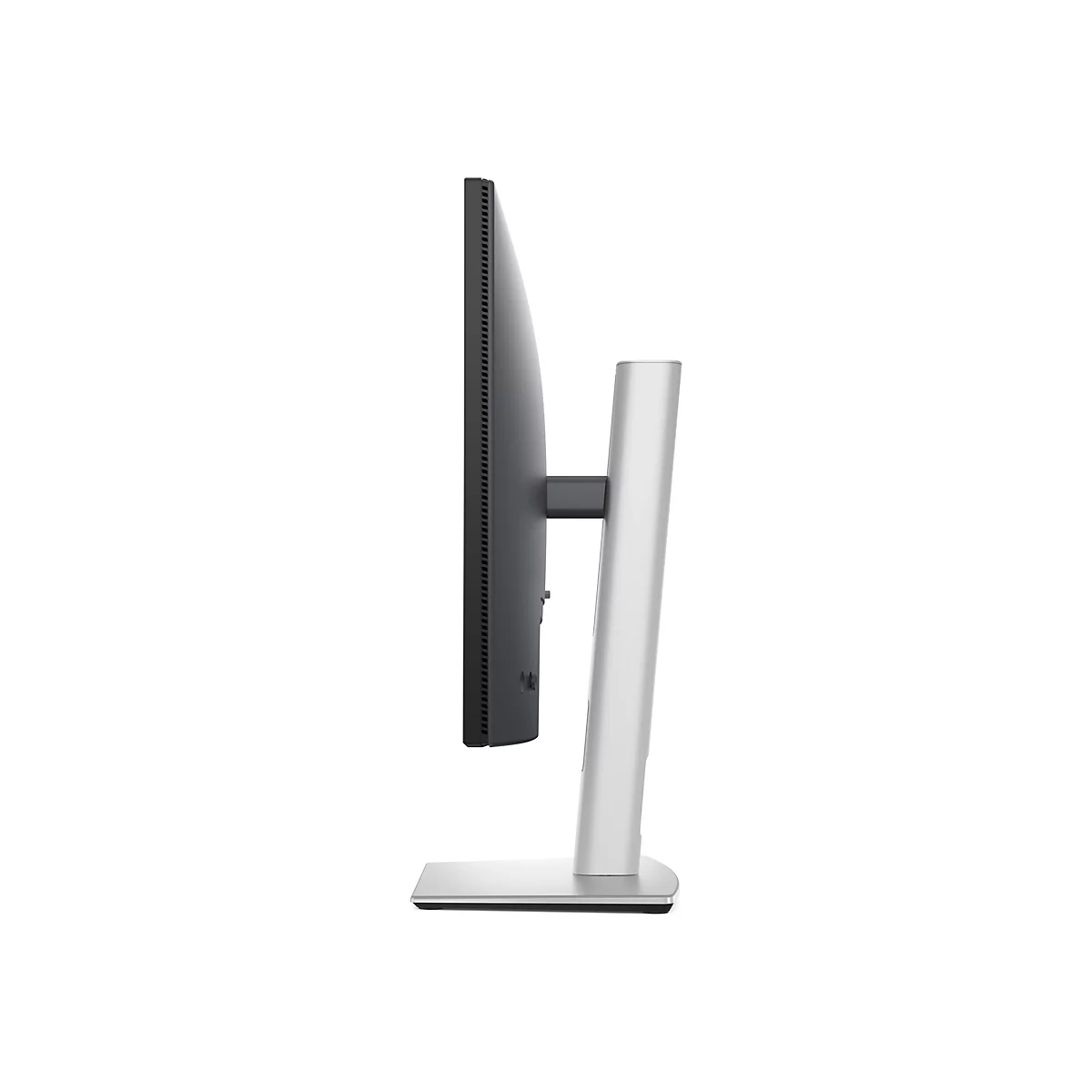 Seitenansicht eines schlanken, grauen Monitors mit einem silberfarbenen Ständer. Der Monitor hat schmale Ränder und eine Reihe von Belüftungslöchern.