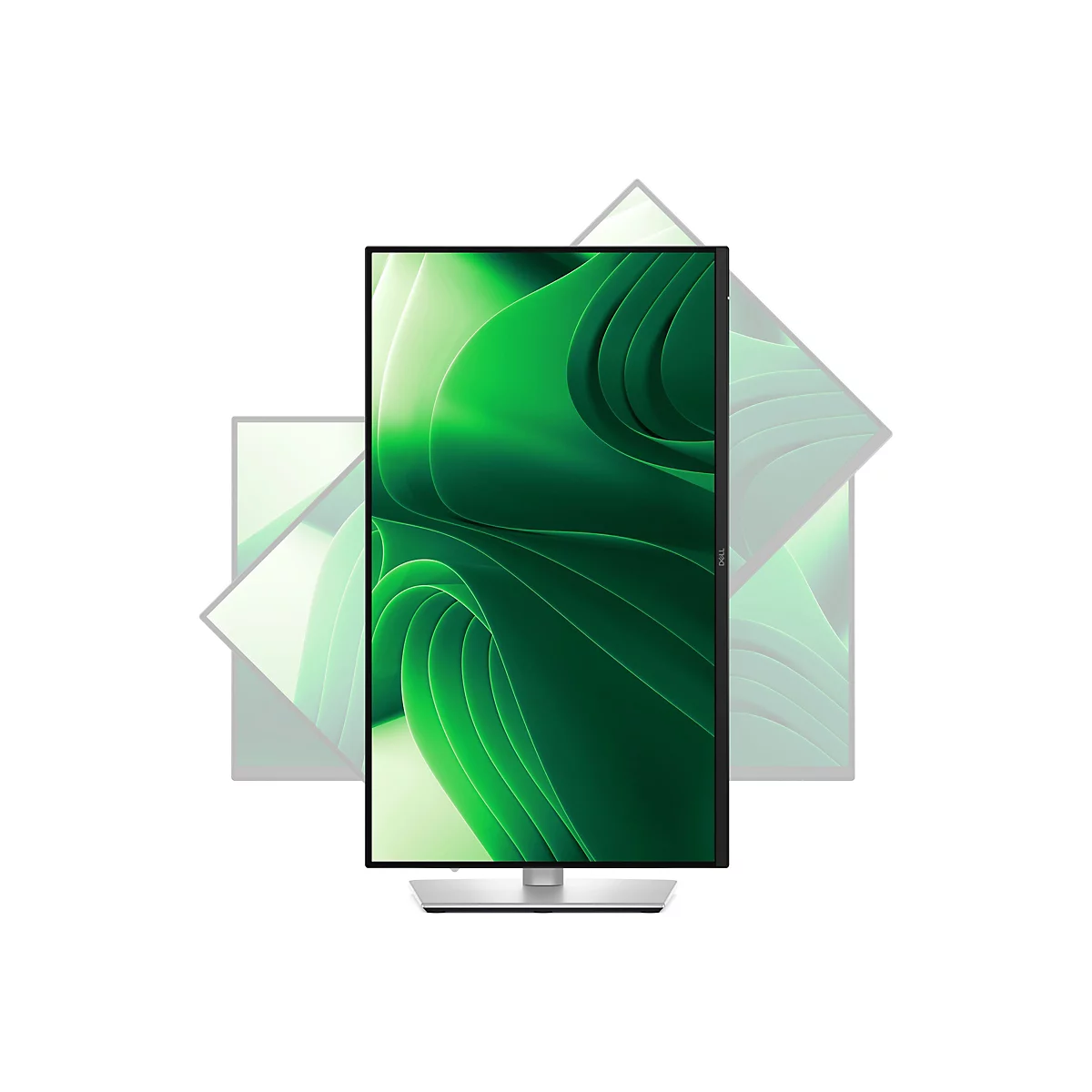 Un moniteur Dell avec un fond vert en forme de vagues. Le moniteur est placé sur un fond blanc, encadré par des moniteurs flous.