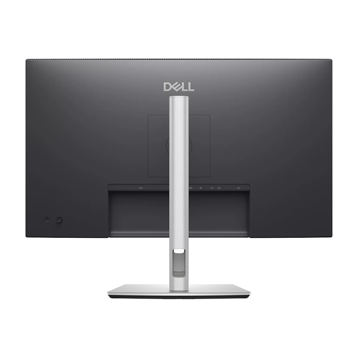 Arrière d'un moniteur Dell noir, avec logo, support argenté et ports.