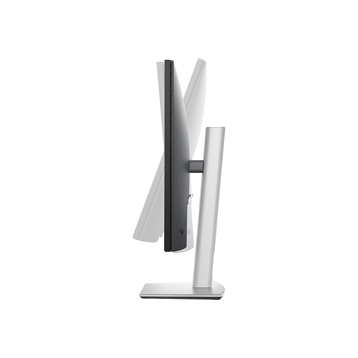 Vue latérale d'un moniteur argenté et élégant avec un cadre d'écran noir et un fond blanc.