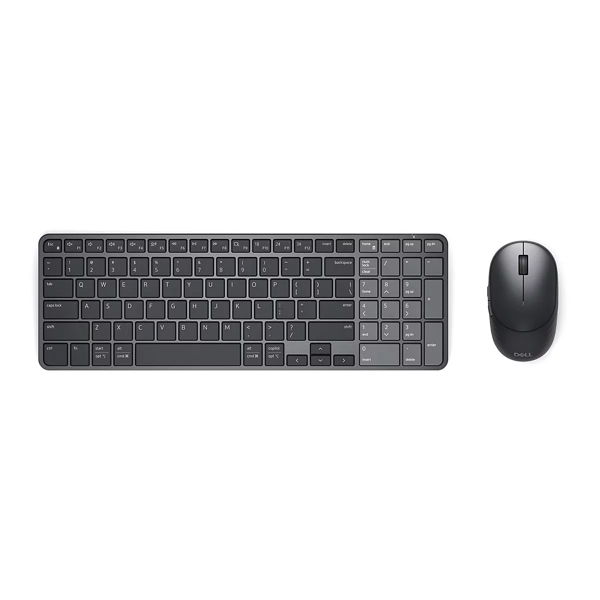 Draufsicht auf eine graue, kabellose Dell Tastatur und eine passende Computermaus vor weißem Hintergrund.