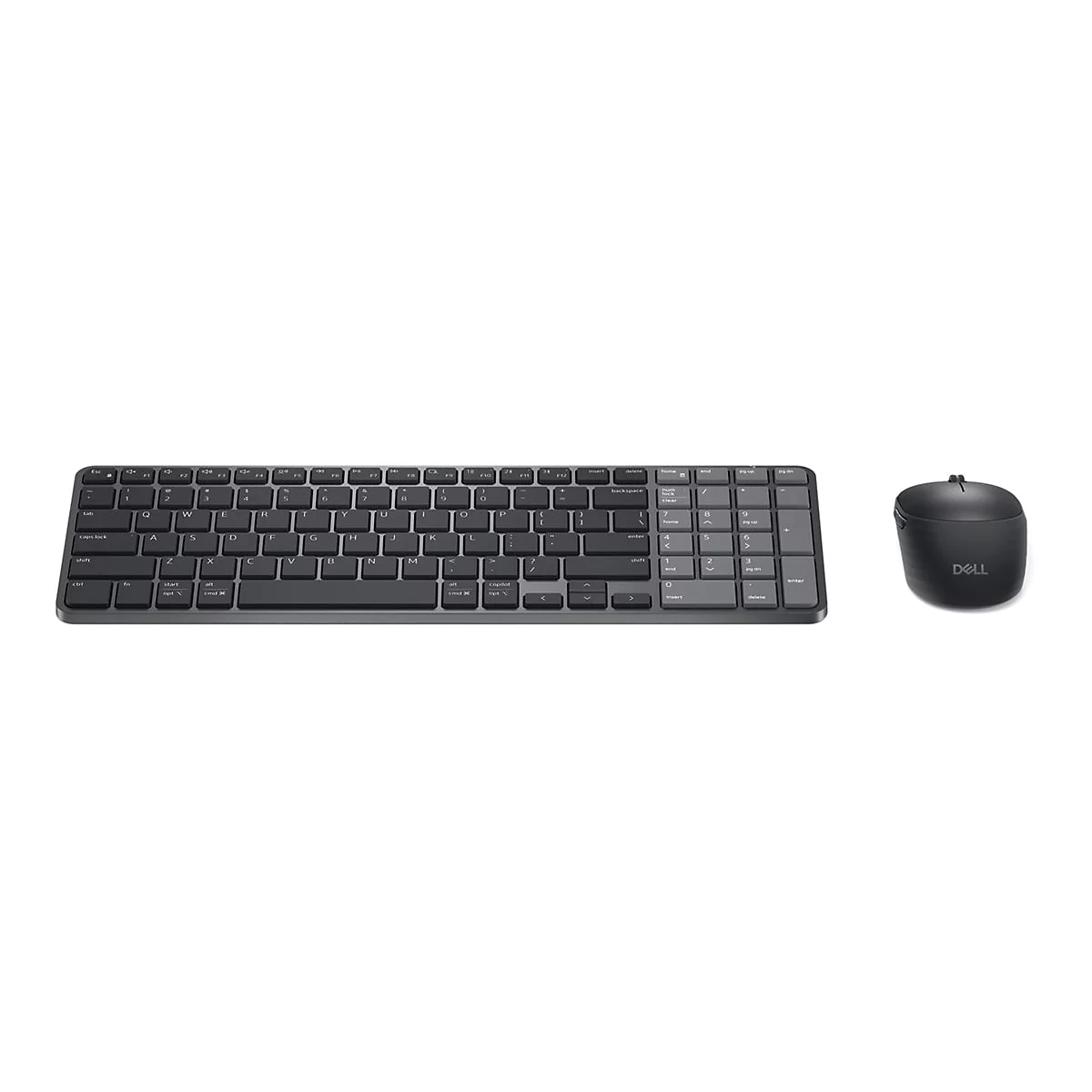 Schwarzes Dell-Tastatur- und Maus-Set vor weißem Hintergrund.