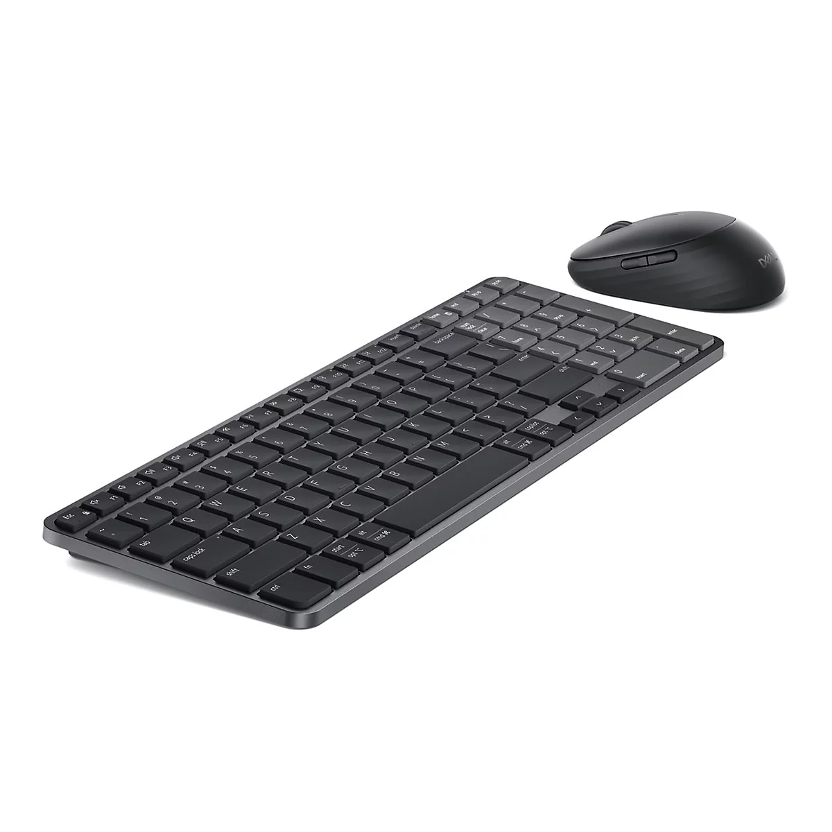 Schwarzes, kompaktes Dell-Tastatur- und Maus-Set vor weißem Hintergrund.