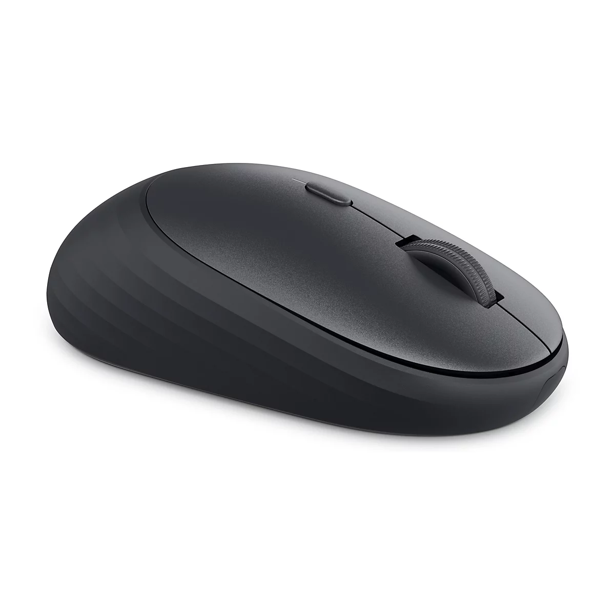 Souris noire sans fil sur fond blanc. Avec une molette de défilement et des encoches latérales.