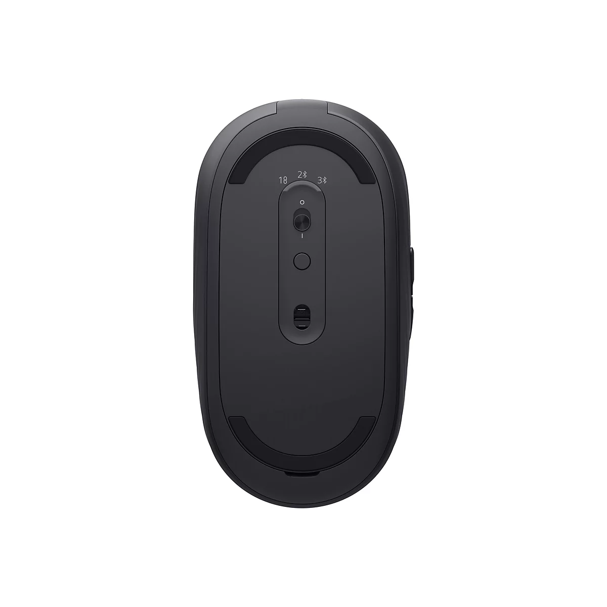 Vue de dessus d'une souris d'ordinateur noire. Le dessous comporte un bouton, un interrupteur et un indicateur de connexion.