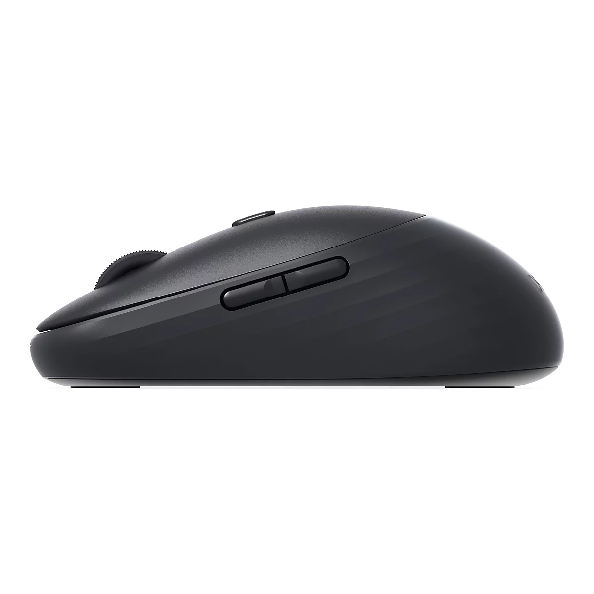 Vue latérale d'une souris sans fil noire. Il y a une molette de défilement et deux boutons sur le dessus. Le fond est blanc.