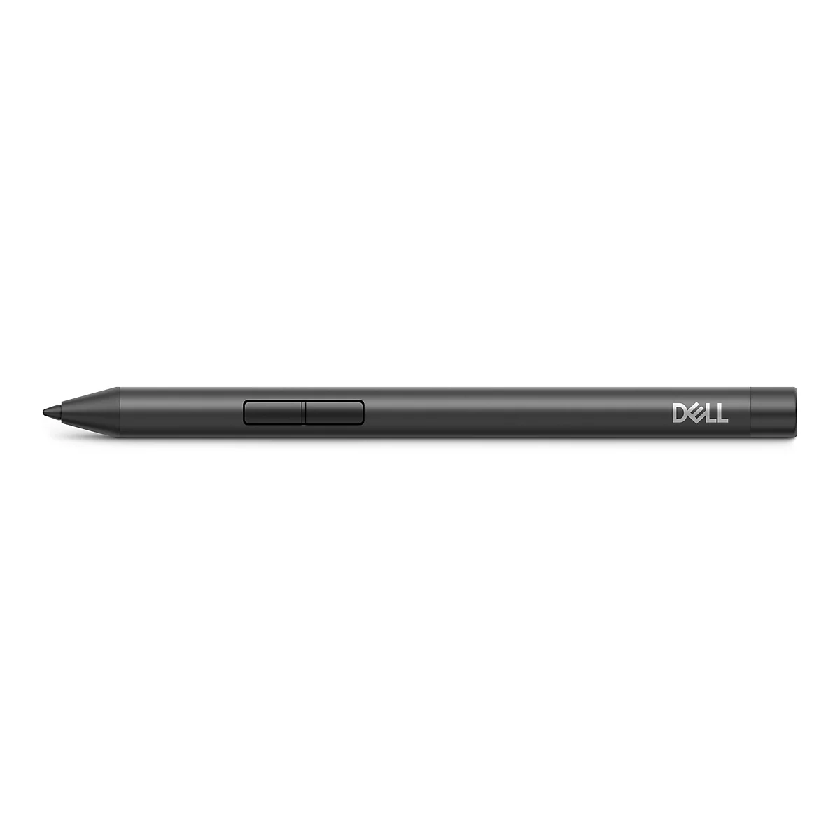 Schwarzer Dell Eingabestift mit zwei seitlichen Tasten auf weißem Hintergrund.