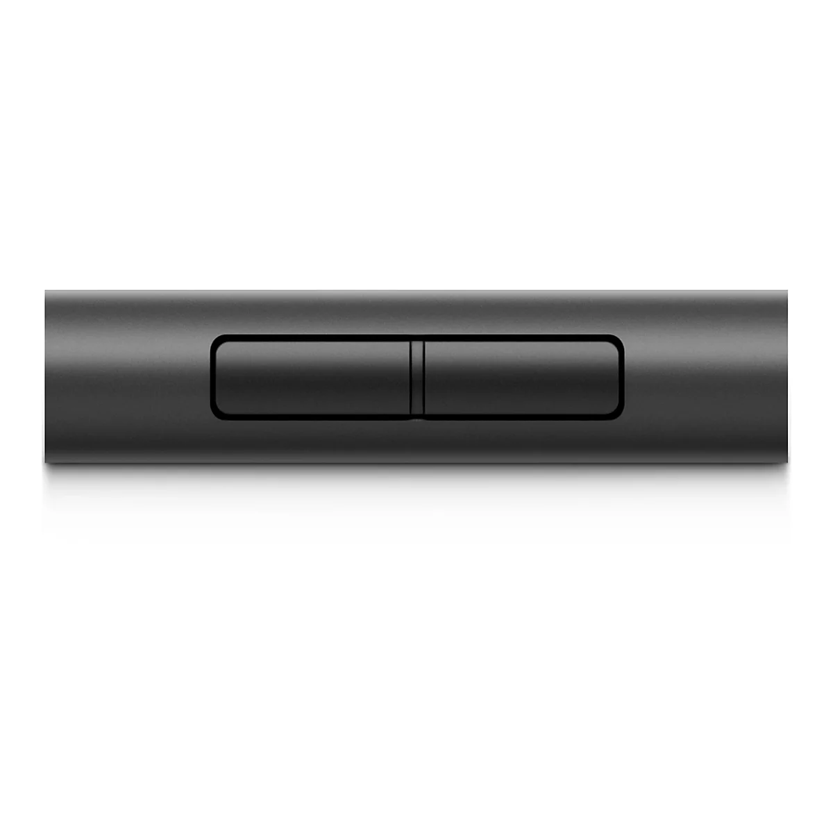 Nahaufnahme eines mattschwarzen zylindrischen Bedienelements mit zwei horizontal nebeneinander liegenden Tasten.