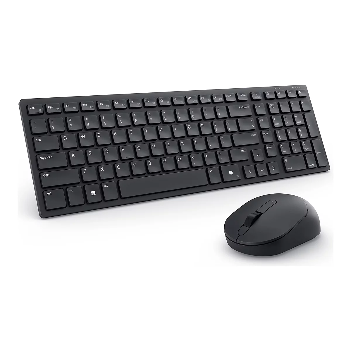 Draufsicht auf ein schwarzes kabelloses Tastatur- und Mausset vor weißem Hintergrund. Die Tastatur zeigt Tastenbeschriftungen, die Maus hat eine Rollenrad.