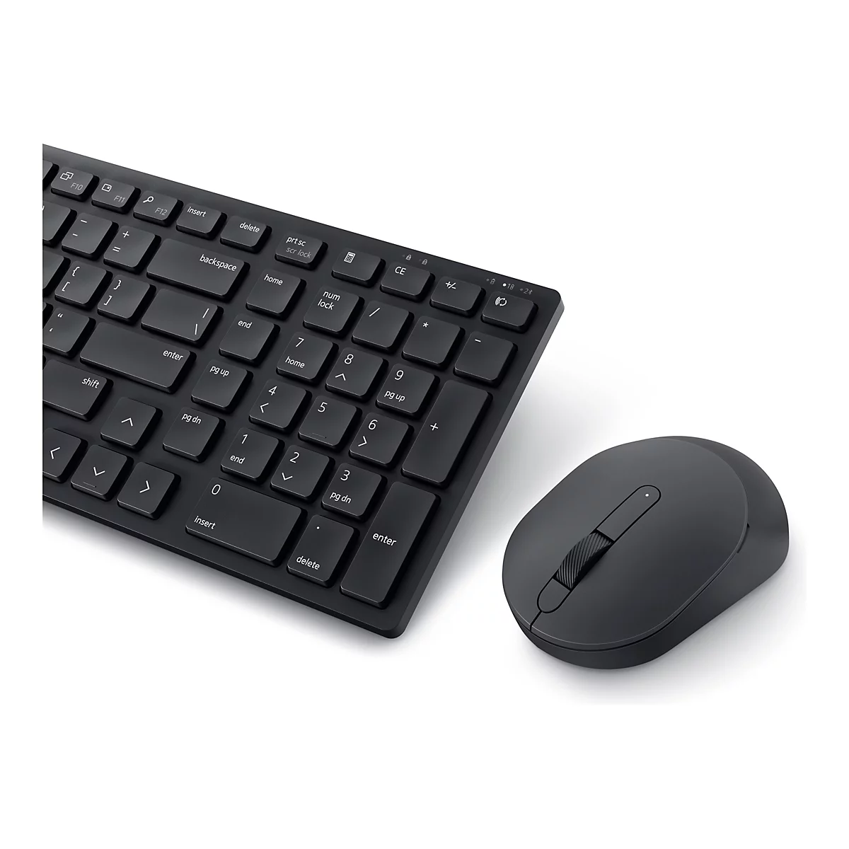Draufsicht auf eine schwarze Tastatur und Maus auf weißem Hintergrund. Die Tastatur ist flach, mit separaten Tasten und einer Enter-Taste. Die Maus ist oval und hat ein Scrollrad.