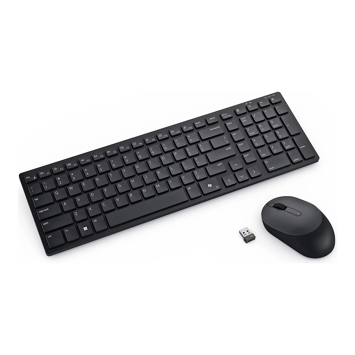 Schwarzes, drahtloses Tastatur-Maus-Set auf weißem Hintergrund. Die Tastatur hat flache Tasten. Daneben liegt eine Maus und ein USB-Empfänger.