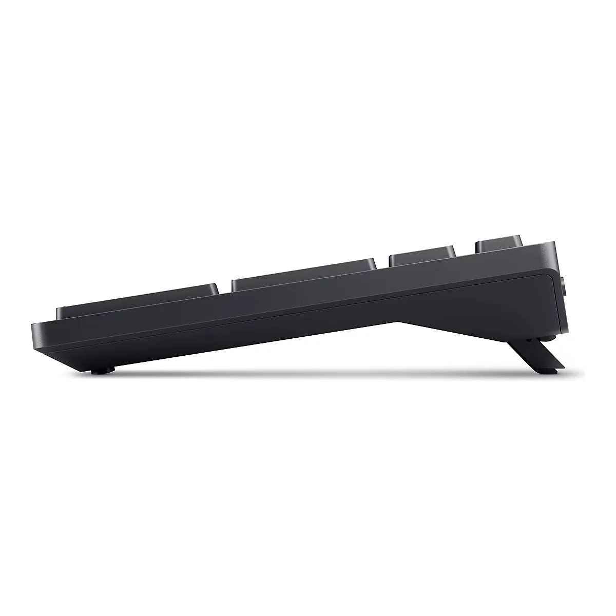 Schwarze Tastatur, Seitenansicht, angehoben durch einen Ständer. Tasten in Reihen angeordnet.