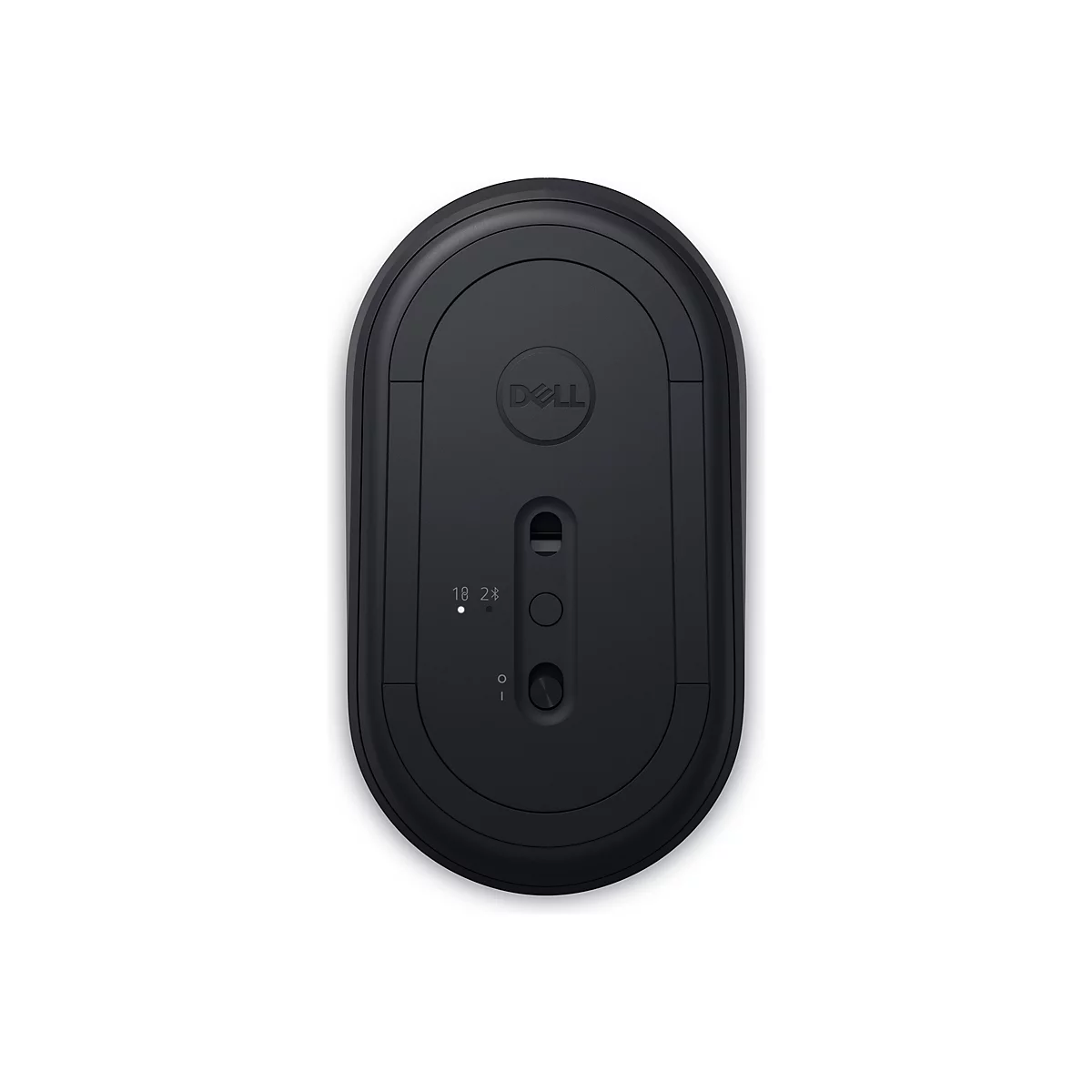 Draufsicht auf eine schwarze Dell-Maus. Auf der Unterseite befinden sich Bedienelemente und das Dell-Logo.