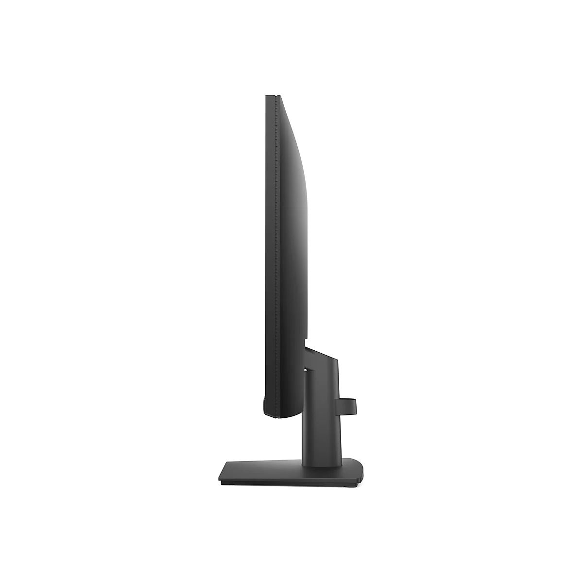 Seitenansicht eines schwarzen Monitors mit Standfuß. Der Bildschirm ist schmal und rechteckig, er sitzt auf einem stabilen, dunklen Standfuß.