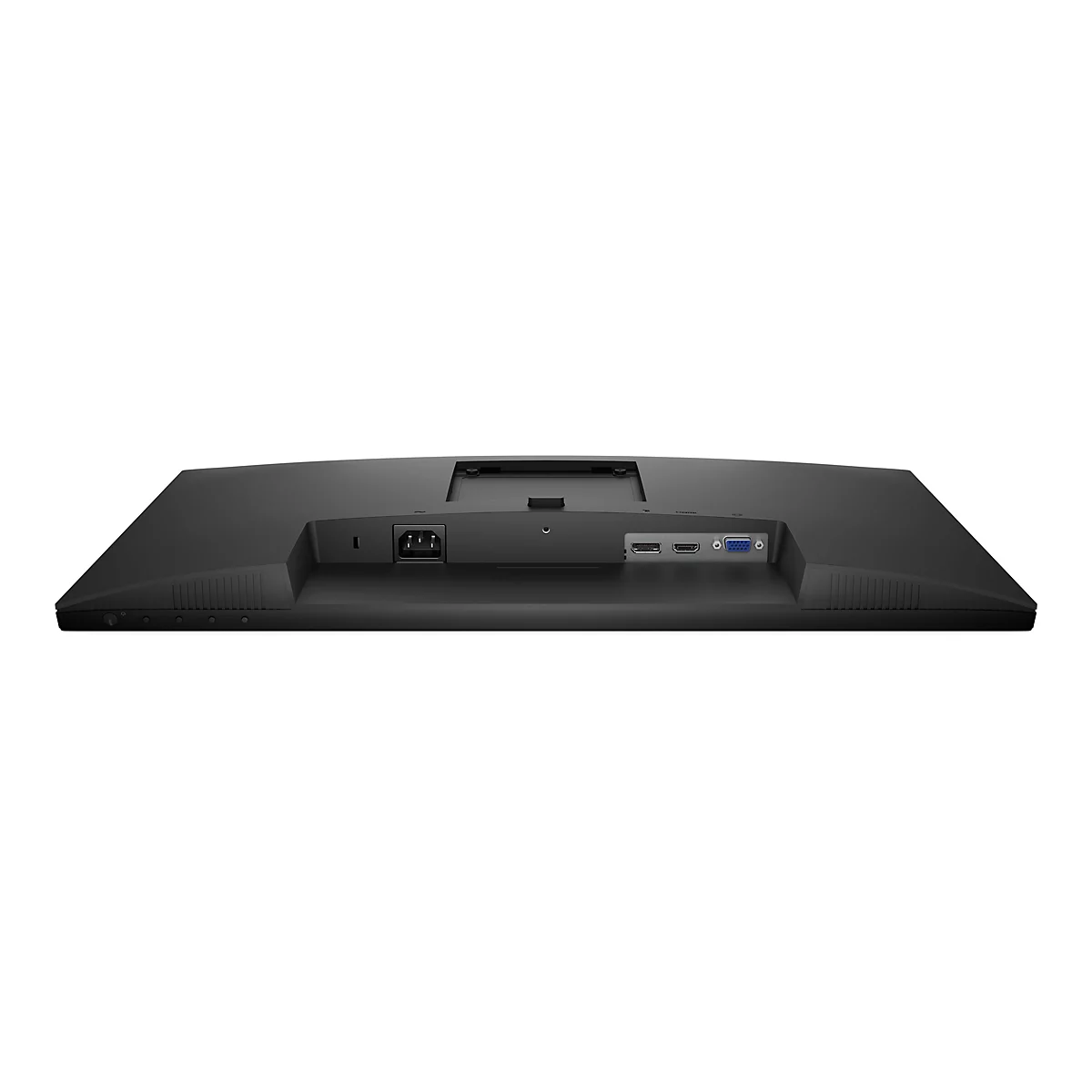 Rückseite eines schwarzen Monitors mit Anschlüssen für Strom, HDMI und VGA.