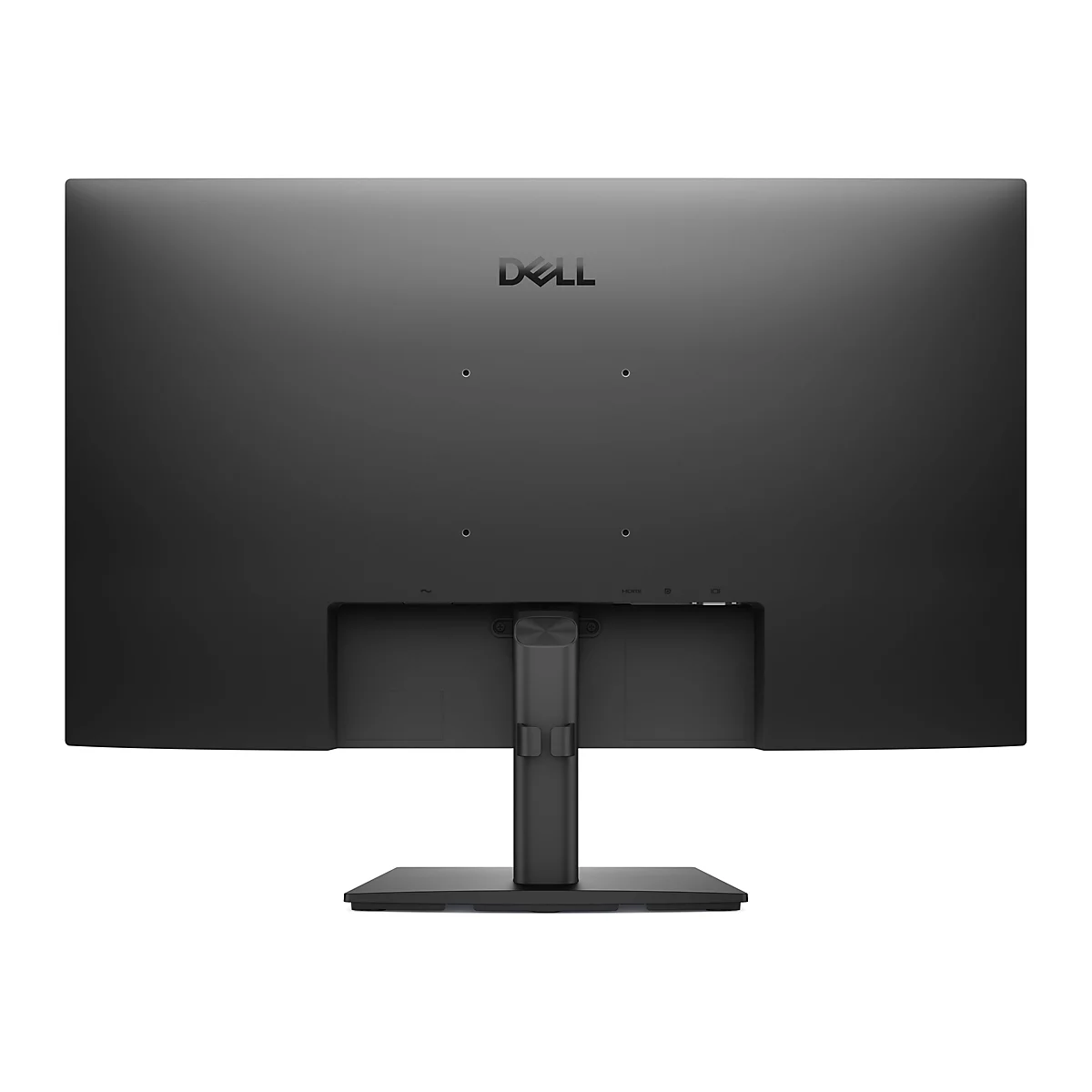 Rückseite eines schwarzen Dell-Computermonitors mit Standfuß und sichtbaren Anschlussbuchsen.