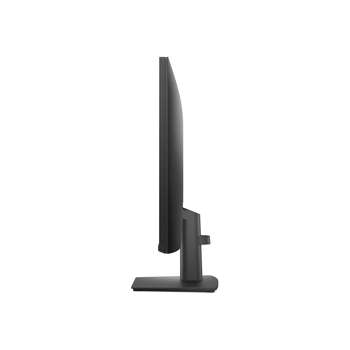 Seitenansicht eines schwarzen Computer-Monitors mit flachem Standfuß auf weißem Hintergrund.