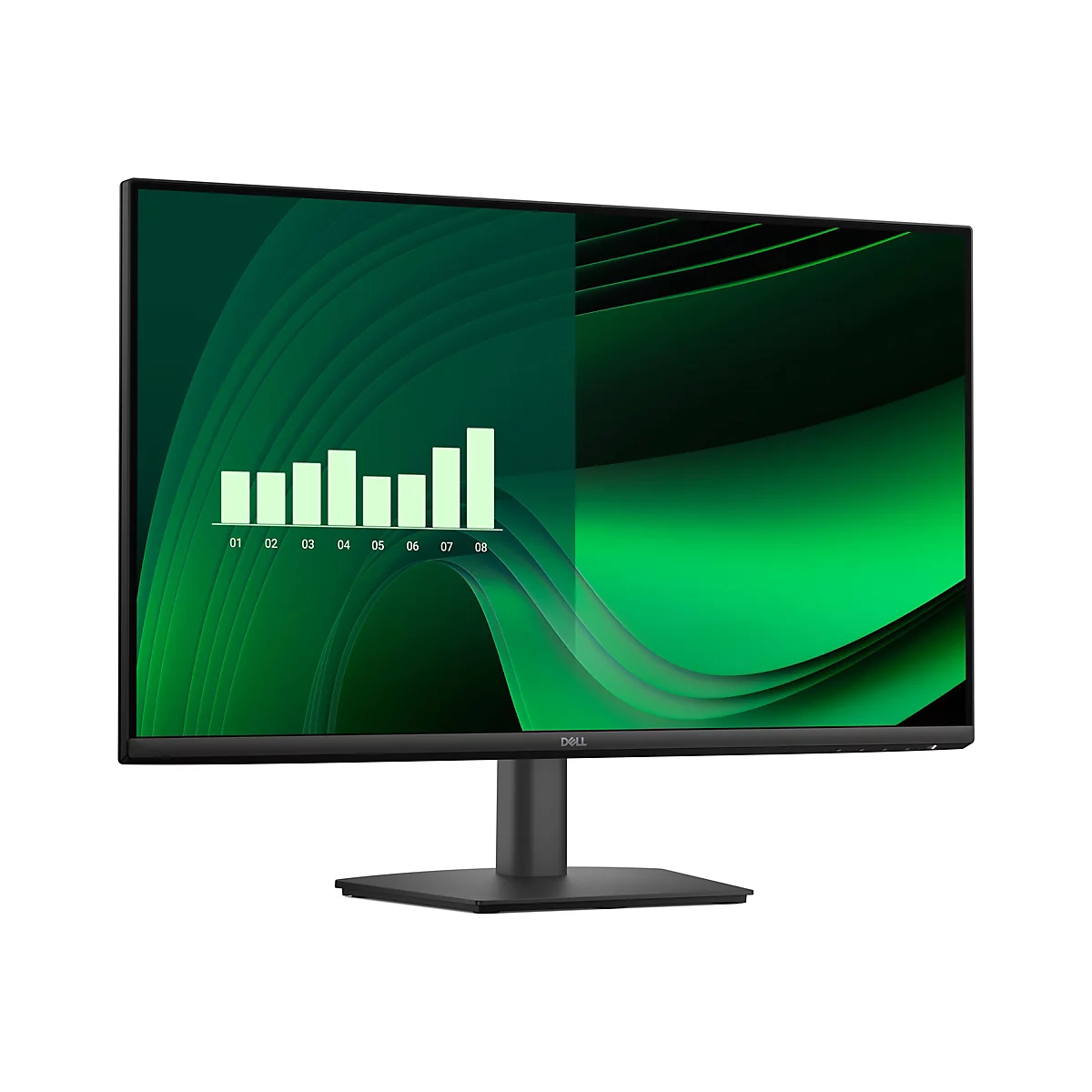 Schwarzer Dell Monitor mit grünem, abstraktem Wellenhintergrund und eingeblendetem Balkendiagramm auf weißem Grund.