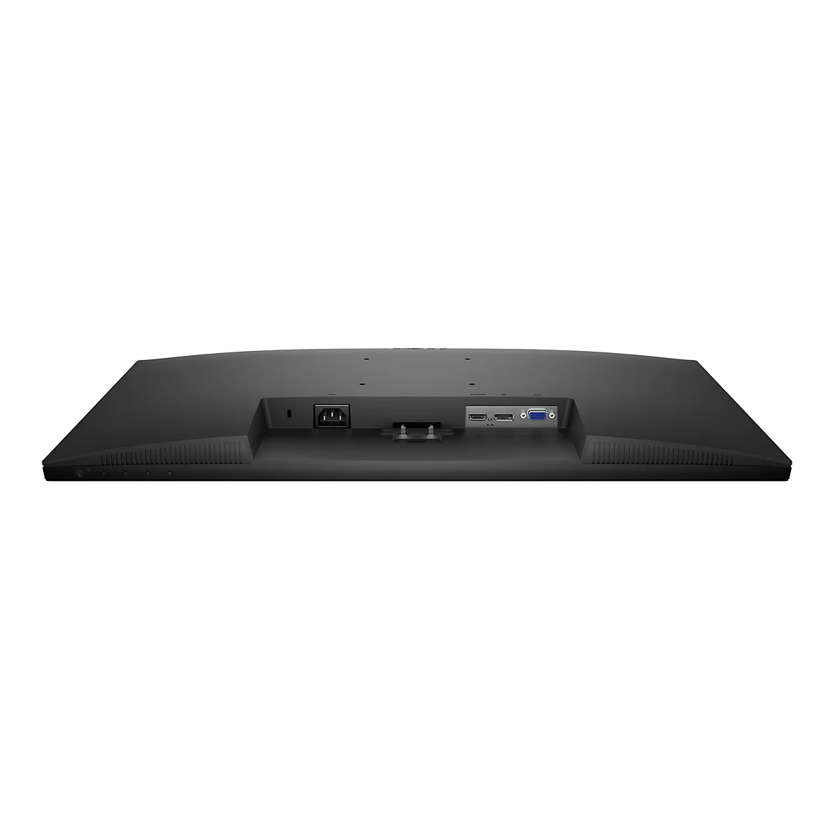 Rückseite eines schwarzen Monitors mit sichtbaren Anschlüssen für Strom, HDMI, DisplayPort und VGA.