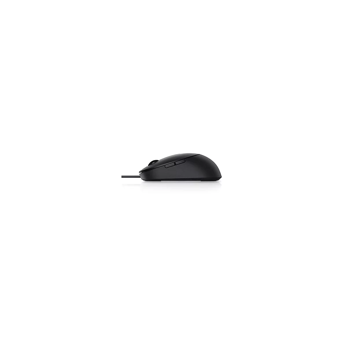 Schwarze Computermaus, Seitenansicht. Ein Kabel ist links sichtbar.