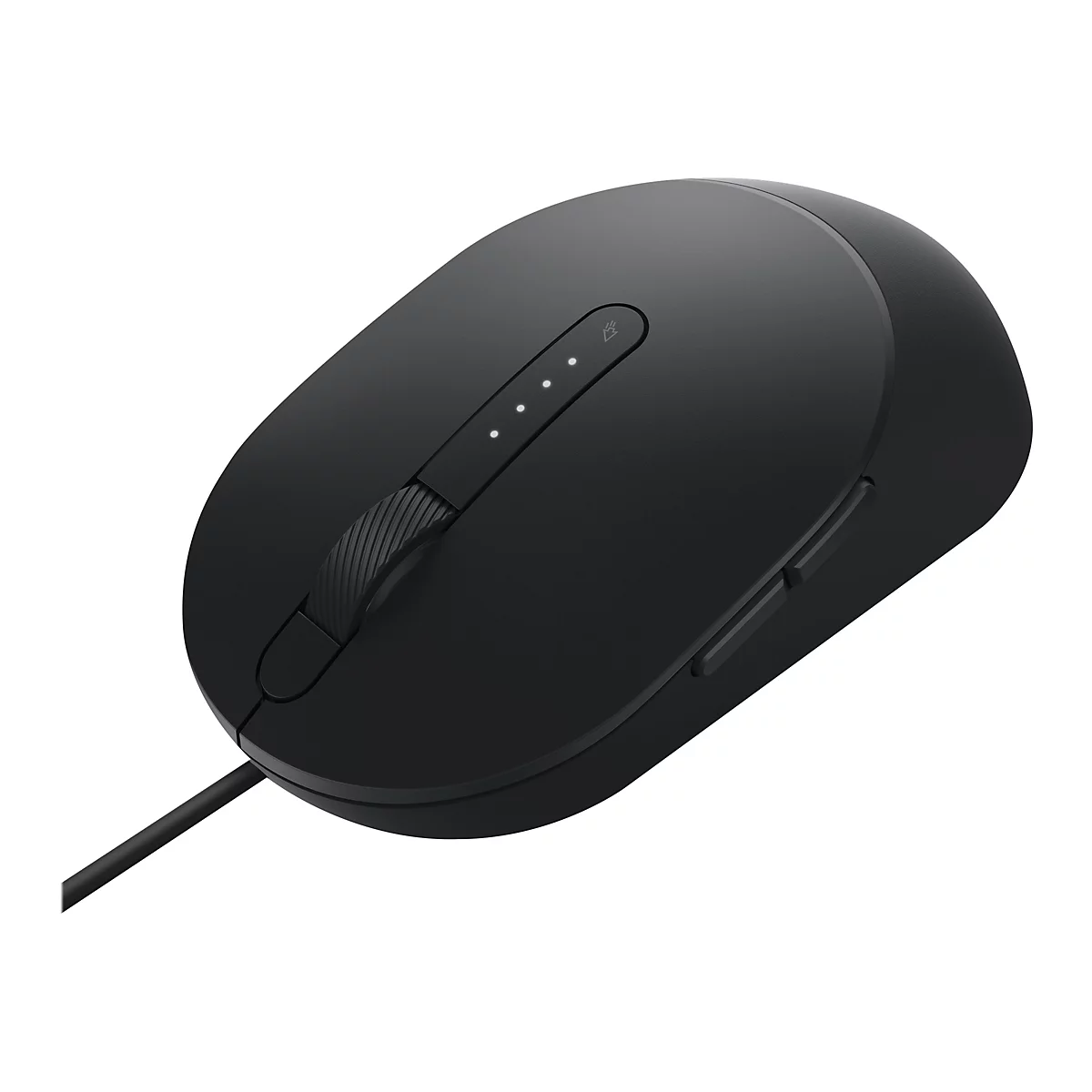 Schwarze Computermaus, leicht schräg von oben fotografiert, zeigt Tasten, ein Scrollrad und Status-LEDs. Kabel ist sichtbar.