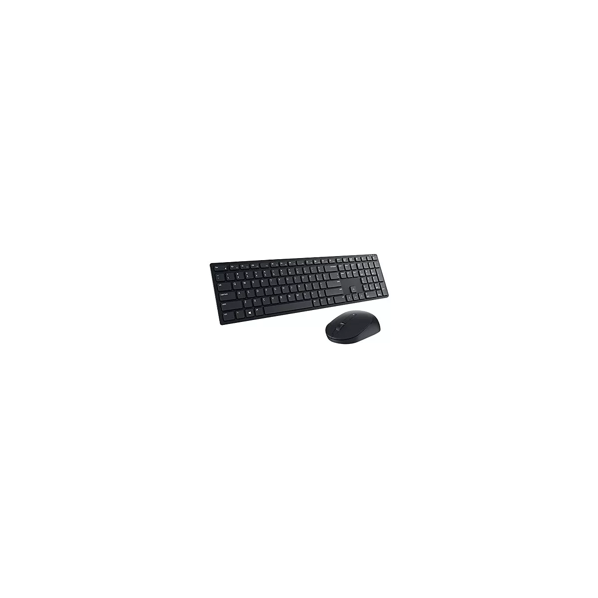 Schwarzes, flaches Tastatur- und Maus-Set vor weißem Hintergrund.