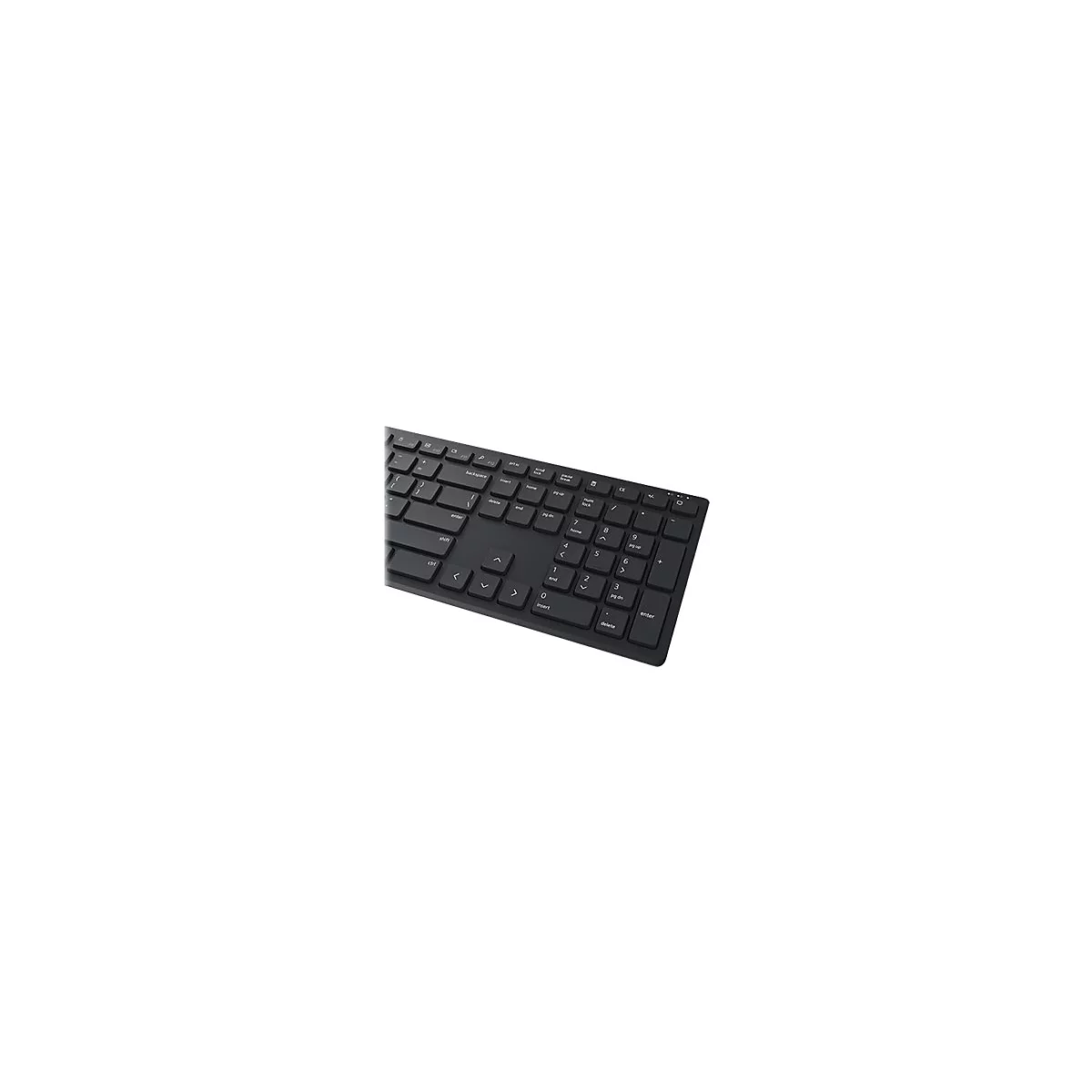 Nahaufnahme der rechten Seite einer schwarzen Tastatur mit Ziffernblock auf weißem Hintergrund.