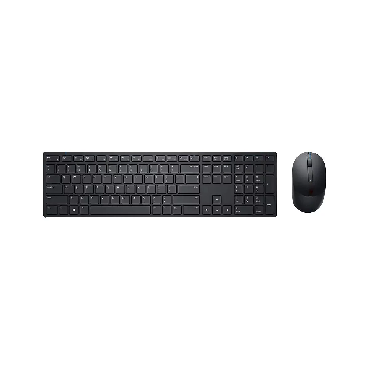Schwarzes kabelloses Tastatur- und Maus-Set vor weißem Hintergrund.