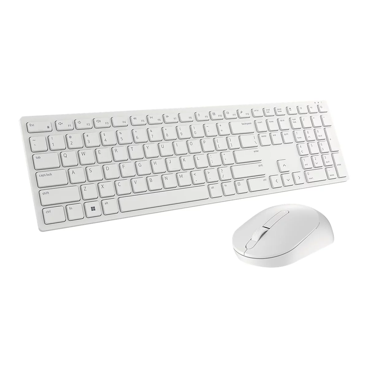 Draufsicht auf eine weiße Tastatur und Maus. Die Tastatur hat flache Tasten, die Maus ist ergonomisch geformt.