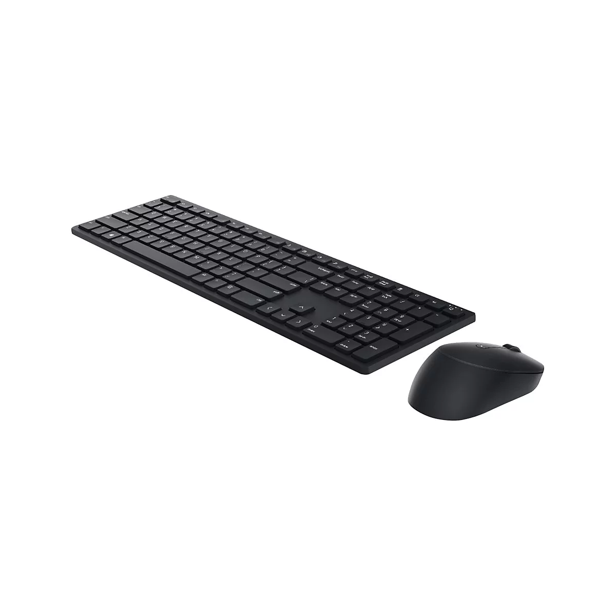 Schwarzes drahtloses Tastatur-Maus-Set vor weißem Hintergrund.