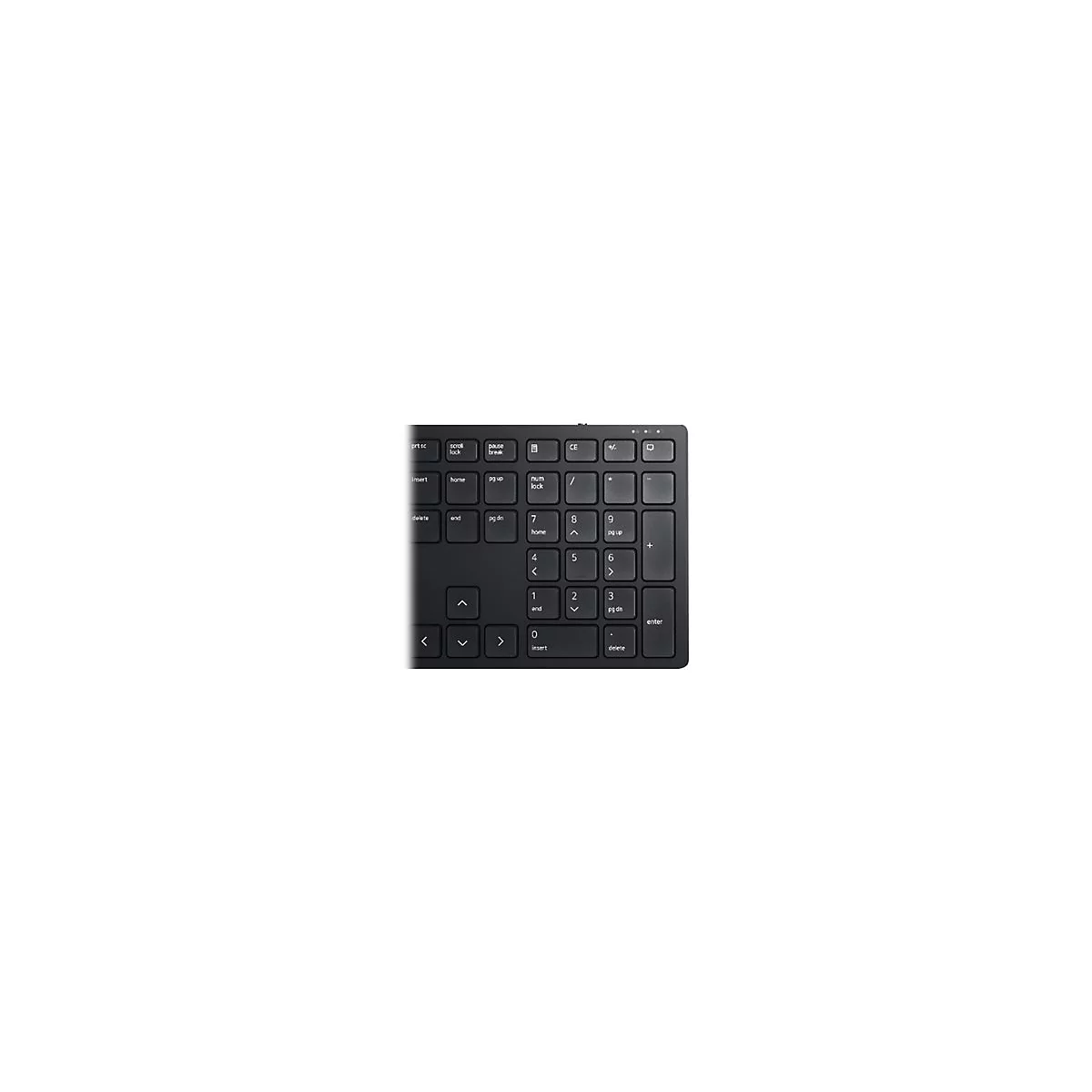 Draufsicht auf eine schwarze Tastatur mit vielen Tasten, einschließlich Nummernblock und Funktionstasten.