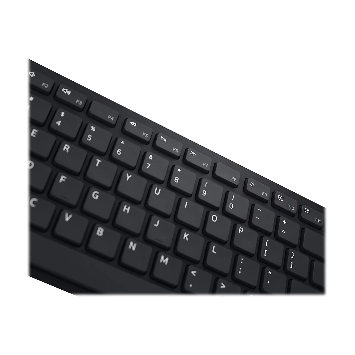 Nahaufnahme einer schwarzen Tastatur mit weißen Buchstaben und Symbolen. Tasten wie F5, 6, 7, 8, 9, 0, P, [, ] sind sichtbar.