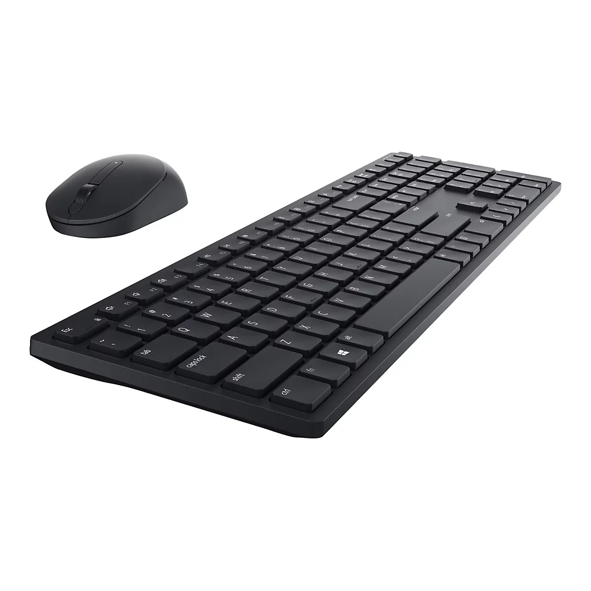 Schwarzes drahtloses Tastatur- und Mausset vor weißem Hintergrund. Die Tastatur hat flache Tasten. Die Maus ist oval.